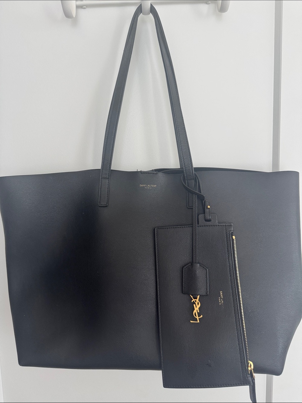 Saint Laurent Black Leather Tote with Gold YSL Pouch - Picture 3 of 11